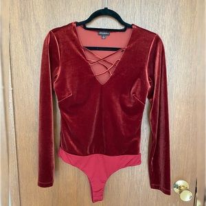 Shinestar Maroon Velour V-neck Bodysuit